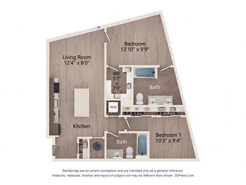 Floor plan for 2 beds, 2 baths, 1114 sqft